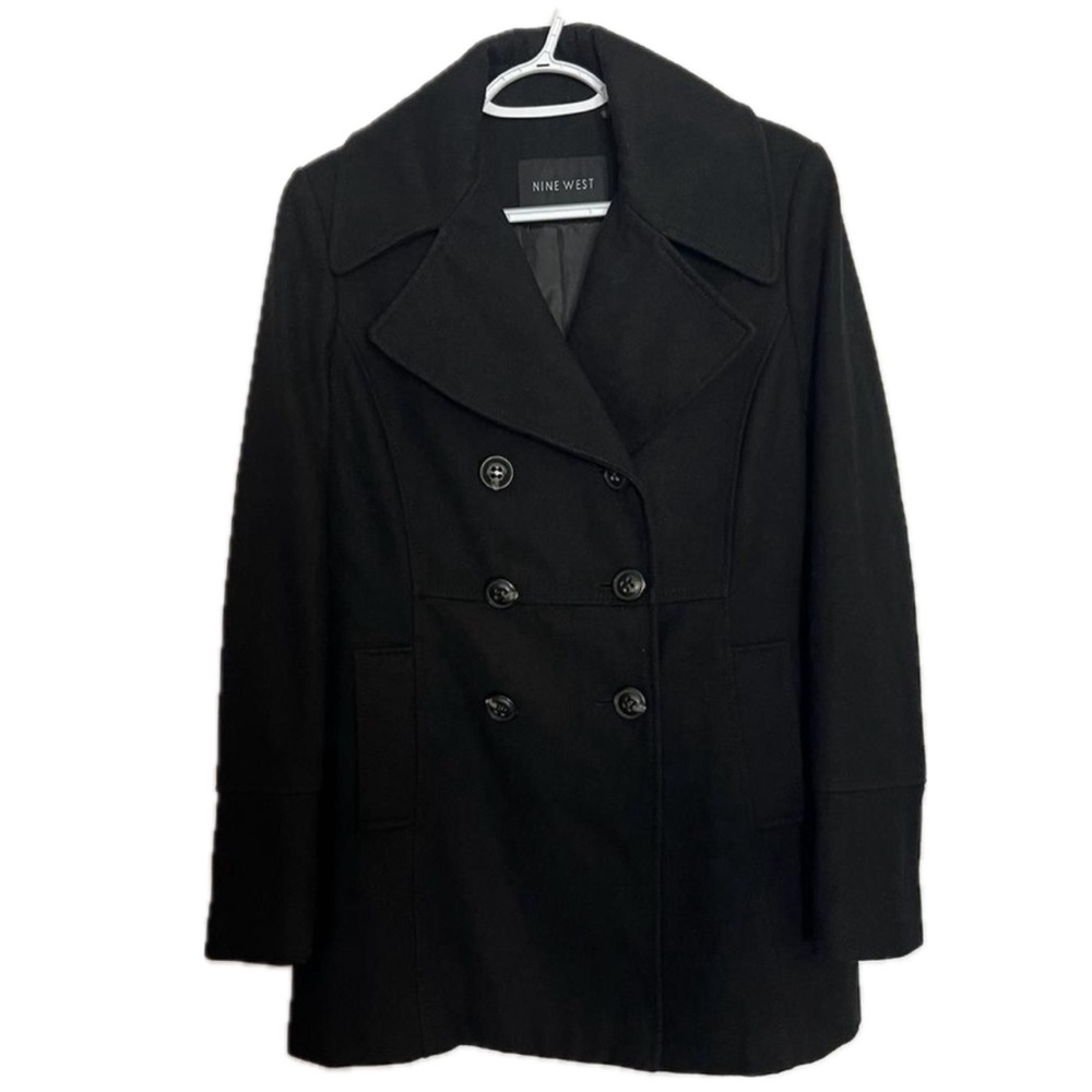 NINE WEST WOOL Blend Three button Closure Black Pea Coat Size 8